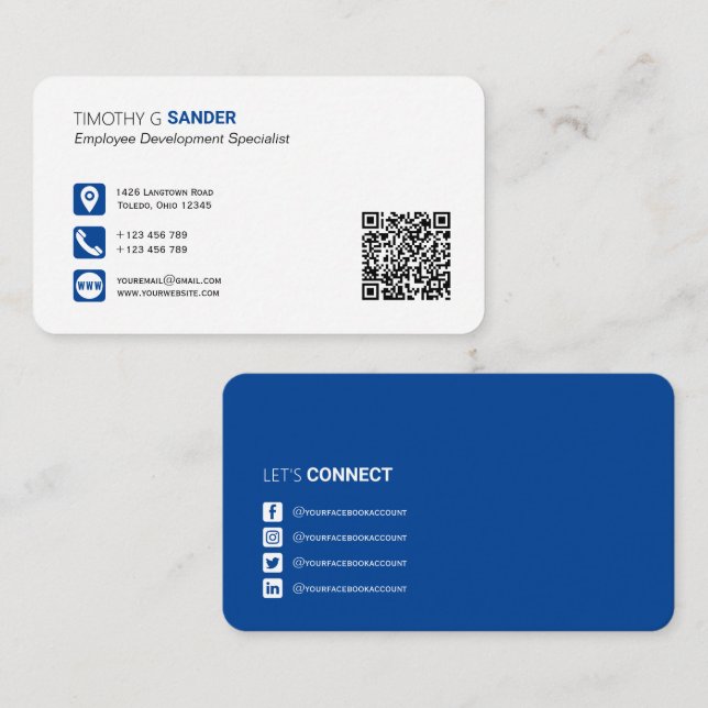 Professional QR code with social media icon blue B Business Card (Front/Back)