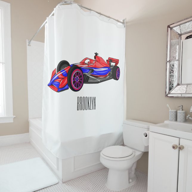 Professional racing car cartoon illustration shower curtain (In Situ)