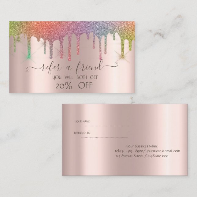 Professional Rainbow Glitter Drip Rose Gold Referral Card (Front/Back)