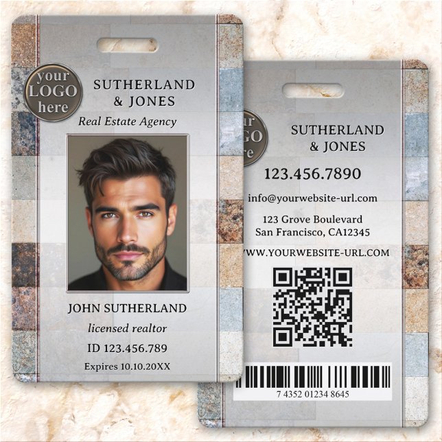 Professional Real Estate Agent Photo ID Badge (Professional real estate ID badge featuring your photo and logo on an elegant marble brick design.)