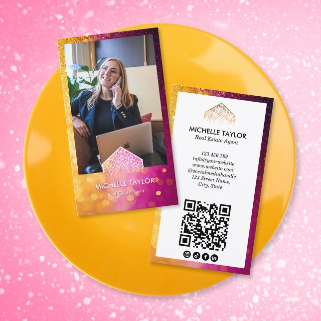 Professional Real Estate Logo Photo QR Code Business Card (pink and gold glitter realtor business card with photo)