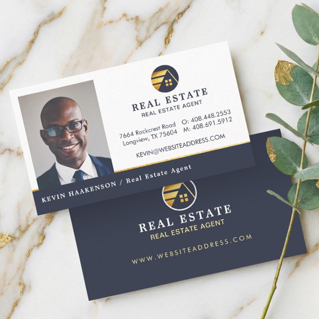 Professional Real Estate | Photo Layout Horizontal Business Card (Navy Gold Professional Real Estate Agent Photo Business Card)
