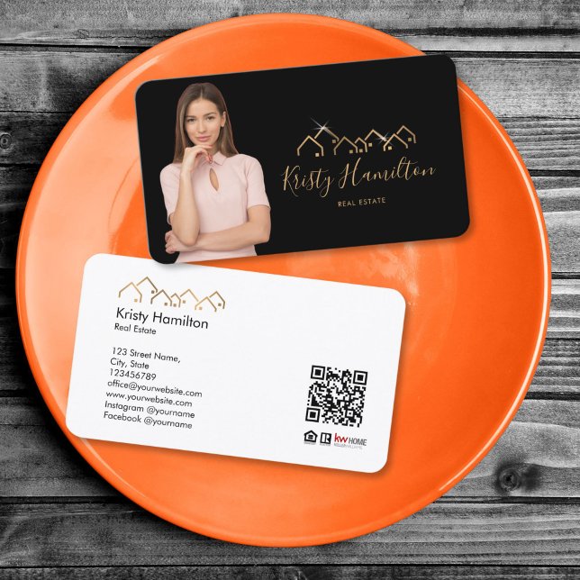 professional real estate realtor add photo QR code Business Card (real estate gold logo with a photo realtor business card)