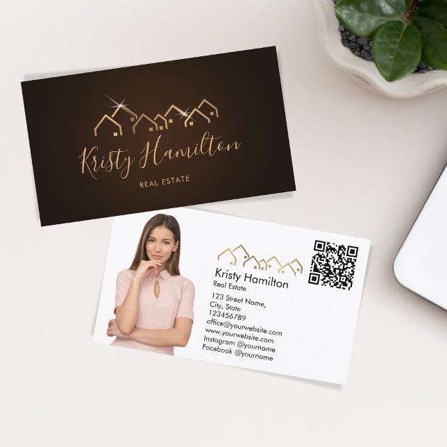 professional real estate realtor add photo QR code Business Card (gold roof house realtor logo)