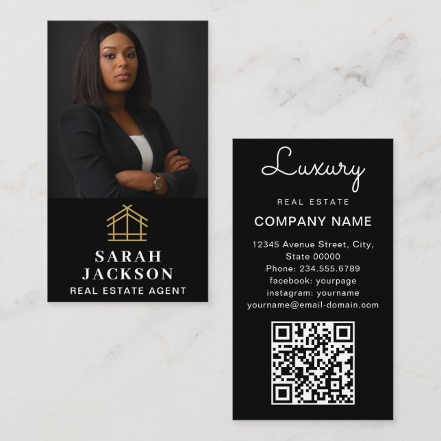Professional Real Estate Realtor Add Photo QR Code Business Card (Front/Back)