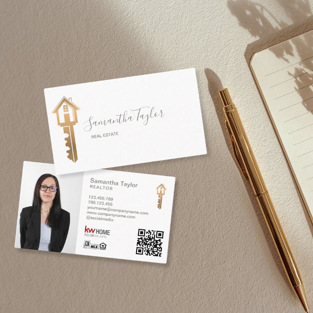 Professional Realtor Real Estate Add Photo QR Code Business Card (gold realtor key logo)