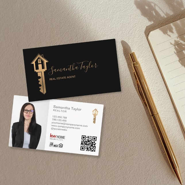 Professional Realtor Real Estate Add Photo QR Code Business Card (GOLD KEY HOUSE REAL ESTATE LOGO ON THE BLACK BACKGROUND)