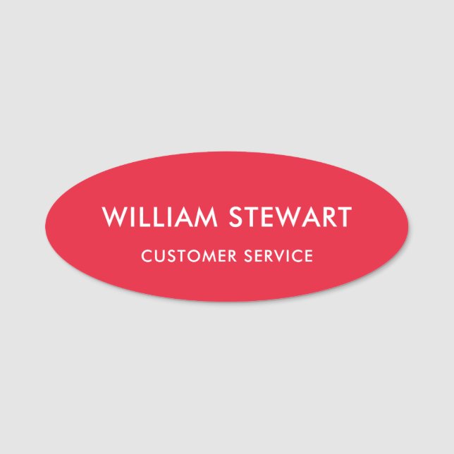Professional Red Minimal Oval Employee Staff Name Tag (Front)