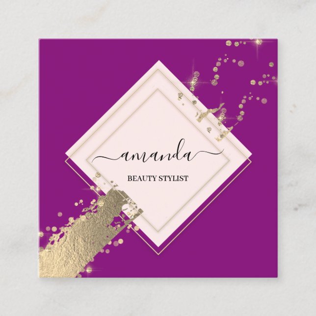 Professional Rose Frame Gold Berry Pink Confetti Square Business Card (Front)