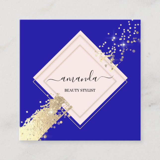 Professional Rose Frame Gold Blue Makeup Logo  Square Business Card (Front)