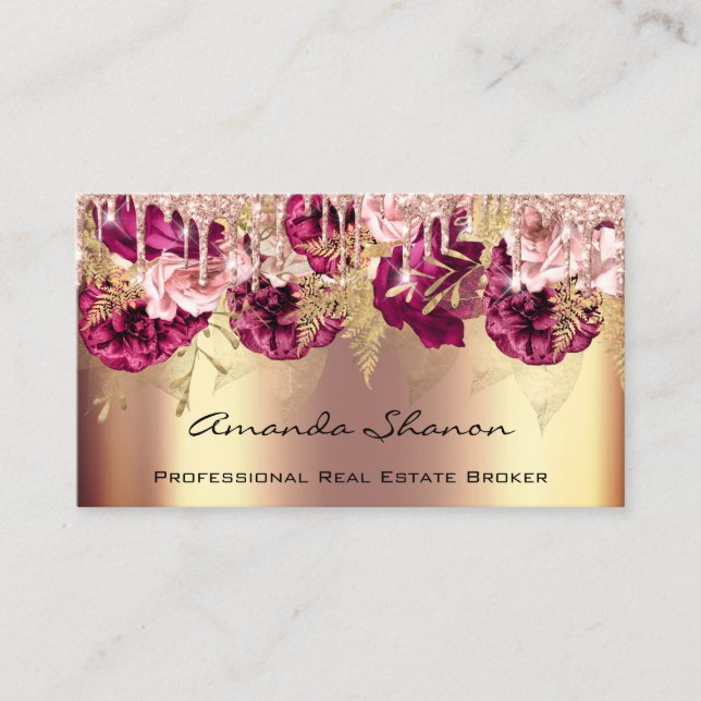 Professional Rose Gold Flowers Drip QRCODE Logo Business Card (Front)