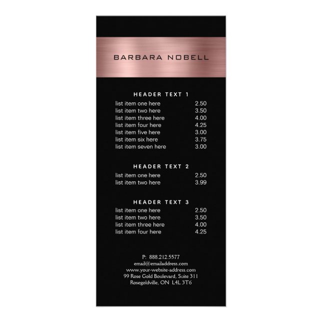 Professional Rose Gold Stripe Service Menu (Front)