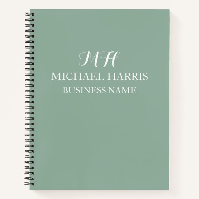 Professional Sage Green Monogram Initial Business Notebook (Front)