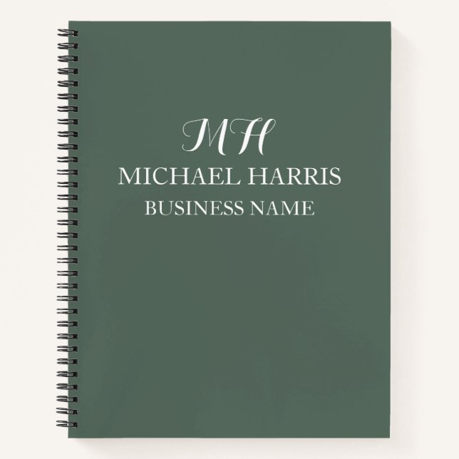 Professional Sage Green Monogram Initial Business Notebook (Front)