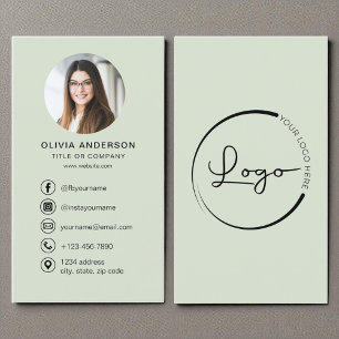 Professional Sage Green Photo Logo Social Media Business Card