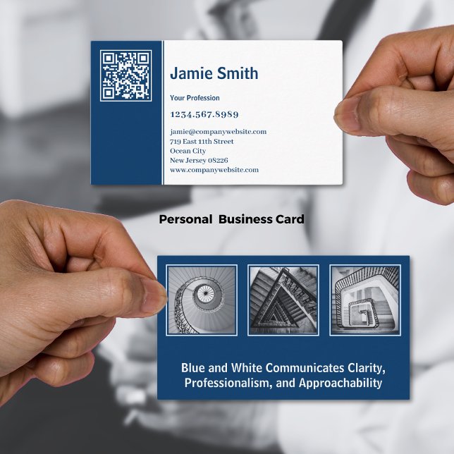 Professional Scannable Collage Blue White Personal Business Card (Professional Scannable Collage Blue White Personal Business Card)