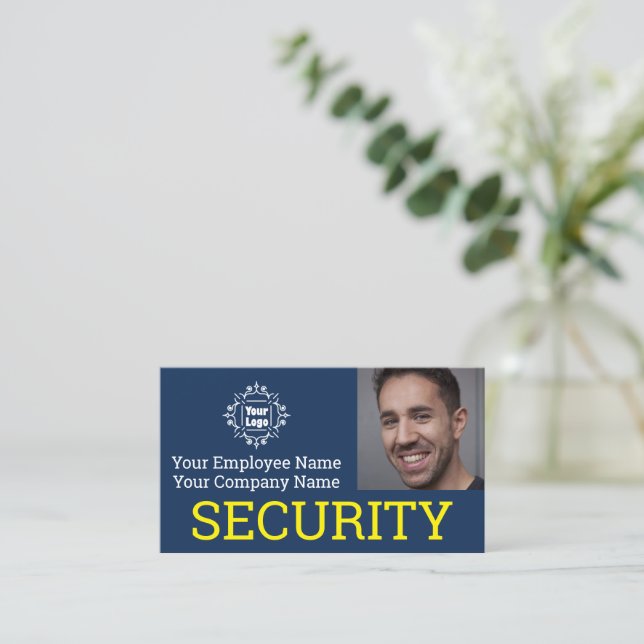 Professional Security Guard Photo ID on Blue Business Card (Standing Front)