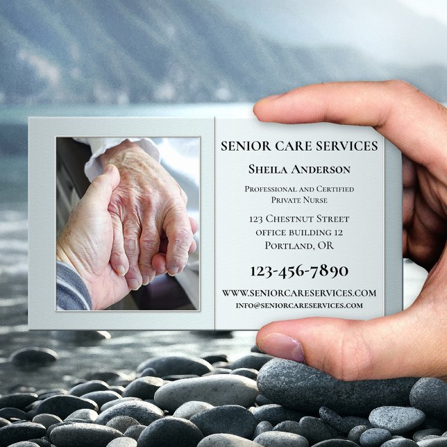 Professional Senior Care Custom Photo Business Card (Business card featuring your own custom photo (optional) framed by an elegant silver design)