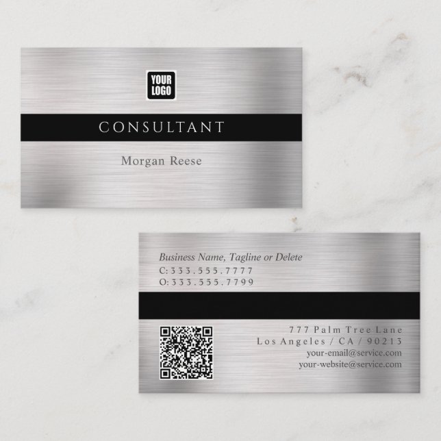 Professional Silver, Minimal, Logo, QR Code Business Card (Front/Back)