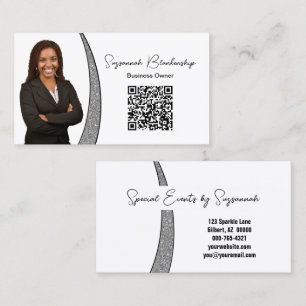 Professional Silver Sliver Faux Glitter Photo QR Business Card
