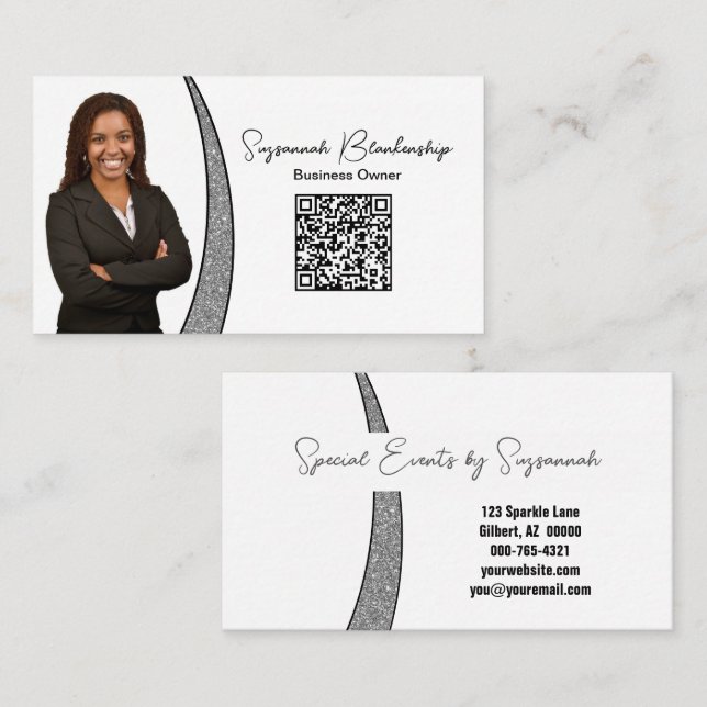 Professional Silver Sliver Faux Glitter Photo QR Business Card (Front/Back)