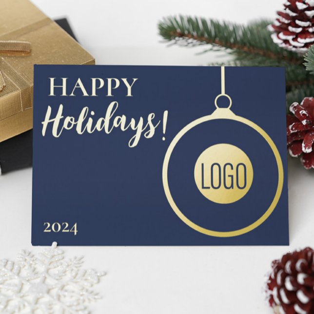 Professional Simple Blue Gold Custom logo  (Corporate logo Blue Gold holiday greeting card)