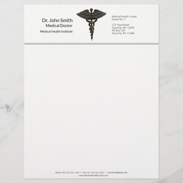 Professional Simple Medical Caduceus Black White Custom Letterhead (Front)