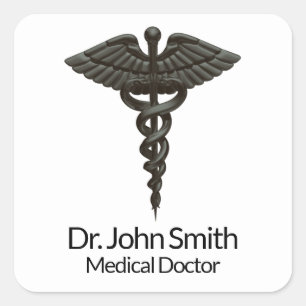 Professional Simple Medical Caduceus Black White Square Sticker