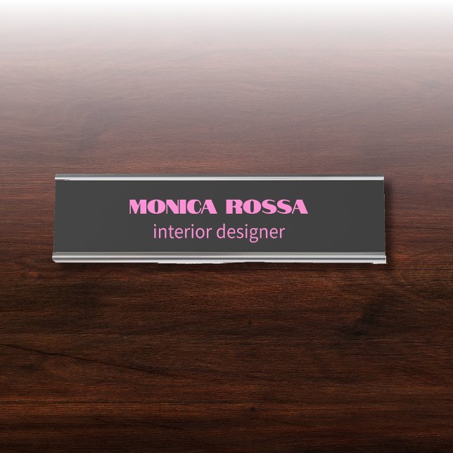 Professional Simple Modern Neon Pink Black Desk Name Plate (Creator Uploaded)