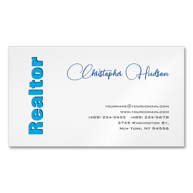 Professional Simple Realtor Real Estate Blue White Magnetic Business Card (Front)