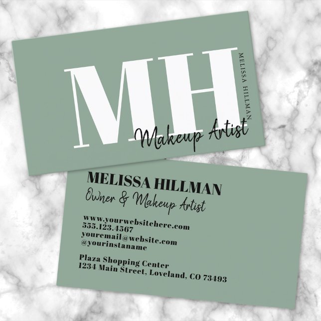 Professional Simple Sage Green Monogram Business Card (Professional Simple Sage Green Monogram Business Card)