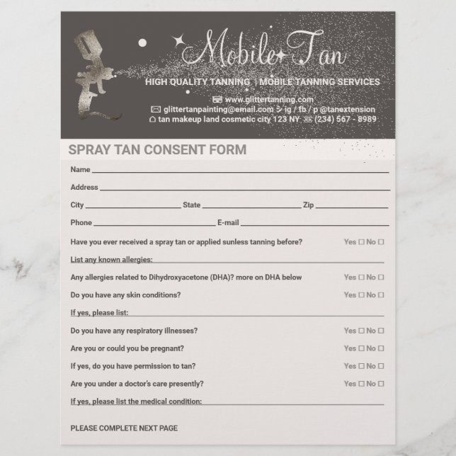Professional Spray Tan Consent Business Plan Flyer (Front)
