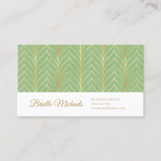 Professional Spring Green and Gold Art Deco Design Business Card (Front)