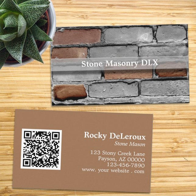 Professional Stonemason Rustic Brick and QR Code Business Card (Creator Uploaded)