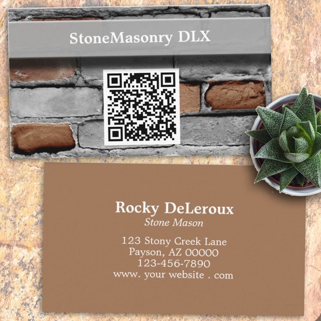 Professional Stonemason Rustic Brick QR Code Business Card (Creator Uploaded)