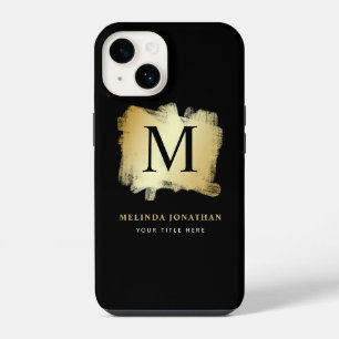 Professional Stylish Black Gold Brush Monogram iPhone 14 Case