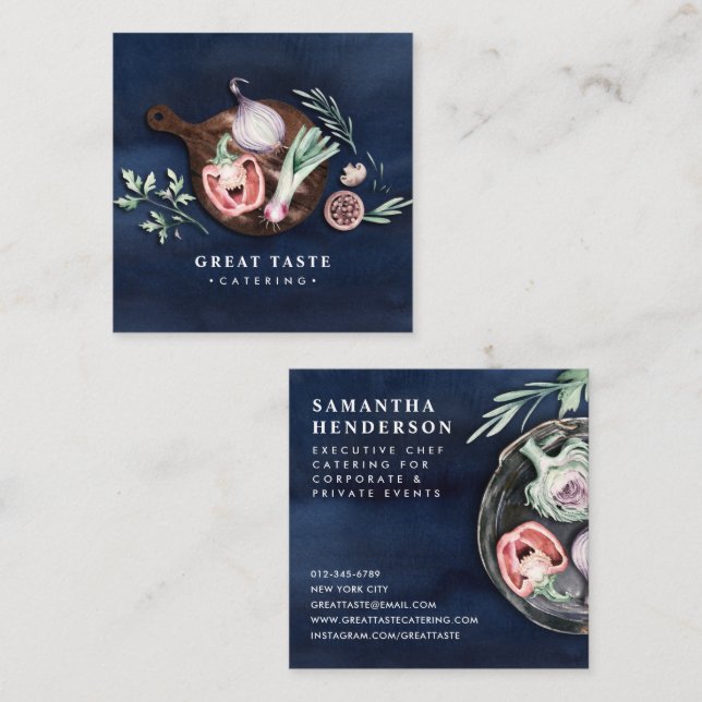 Professional Stylish Blue Watercolor Catering Square Business Card (Front/Back)