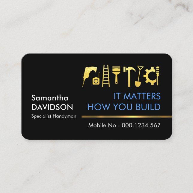 Professional Stylish Gold Handyman Tools Tab Business Card (Front)