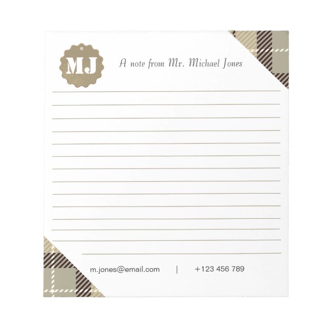 Professional Stylish Monogram Script Tartan Lined  Notepad (Front)