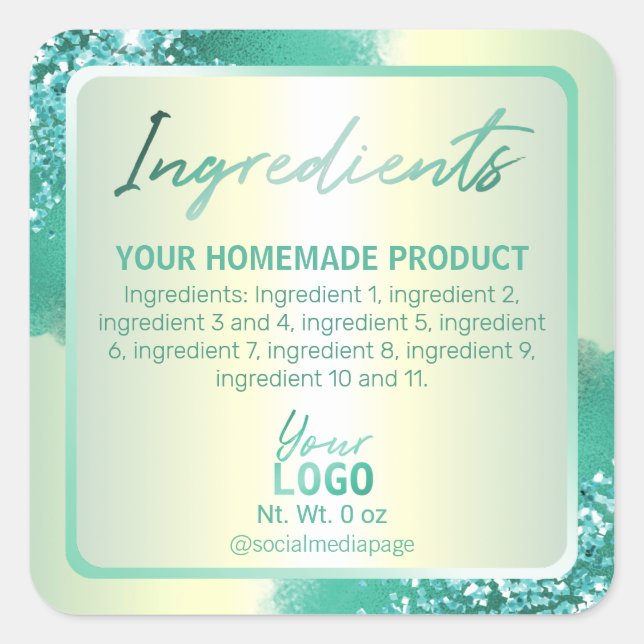 Professional Teal Glitter Ink Ingredient Labels (Front)