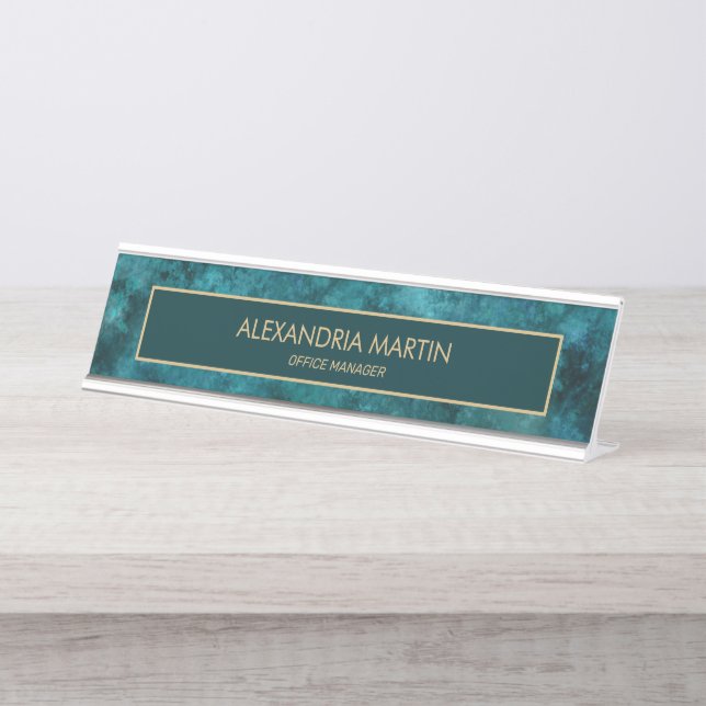 Professional Teal Watercolor Business Office Desk Name Plate (Front)
