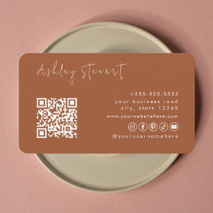 Professional Terracotta Qr Code Minimal Script Business Card