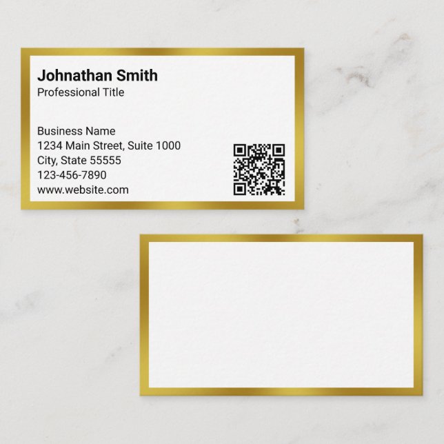 Professional Title Contact Info White Gold QR Code Business Card (Front/Back)