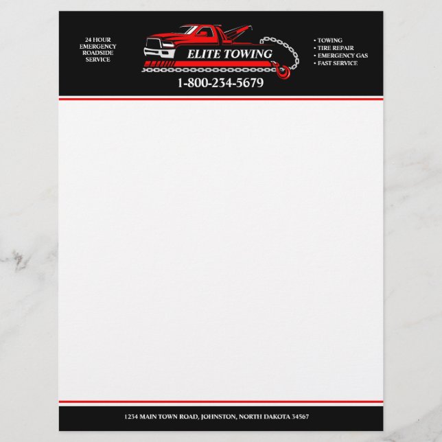 Professional Tow Truck and Roadside Assistance Custom Letterhead (Front)