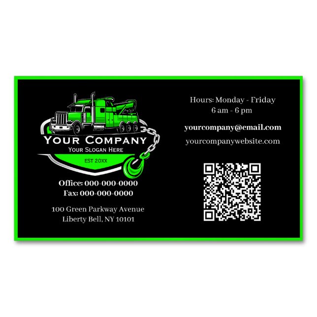 Professional Towing Company, Hauling Service Magnetic Business Card (Front)