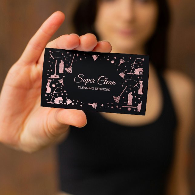 Professional Unique Maid House Cleaning Services Business Card (ROSE GOLD CLEANING TOOLS  ON THE BLACK BACKGROUND BUSINESS CARD)