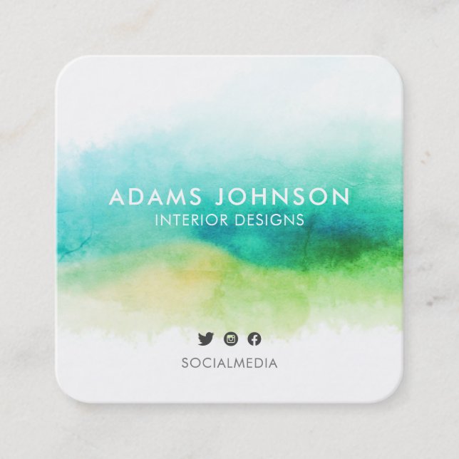 Professional Watercolor Greenery Abstract Square Business Card (Front)