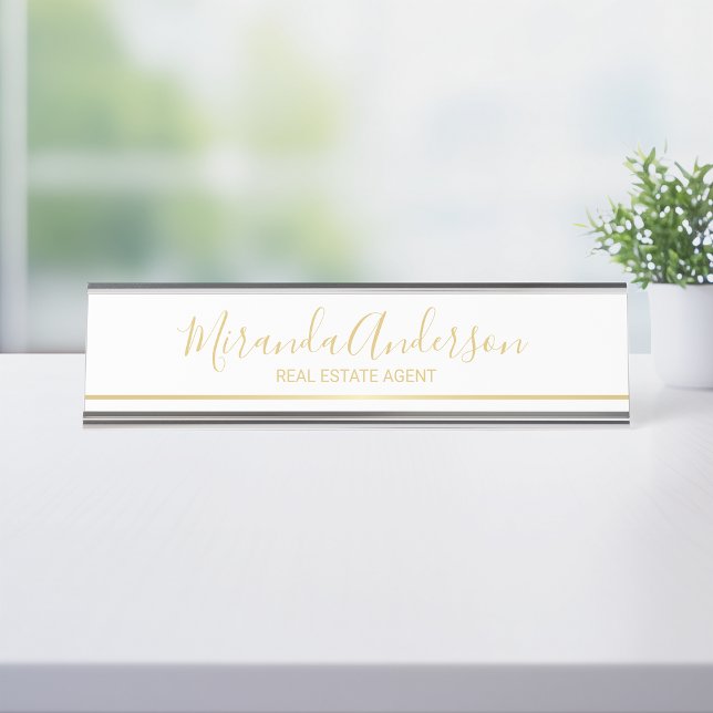 Professional White and Gold with Script Name Desk Name Plate (Creator Uploaded)
