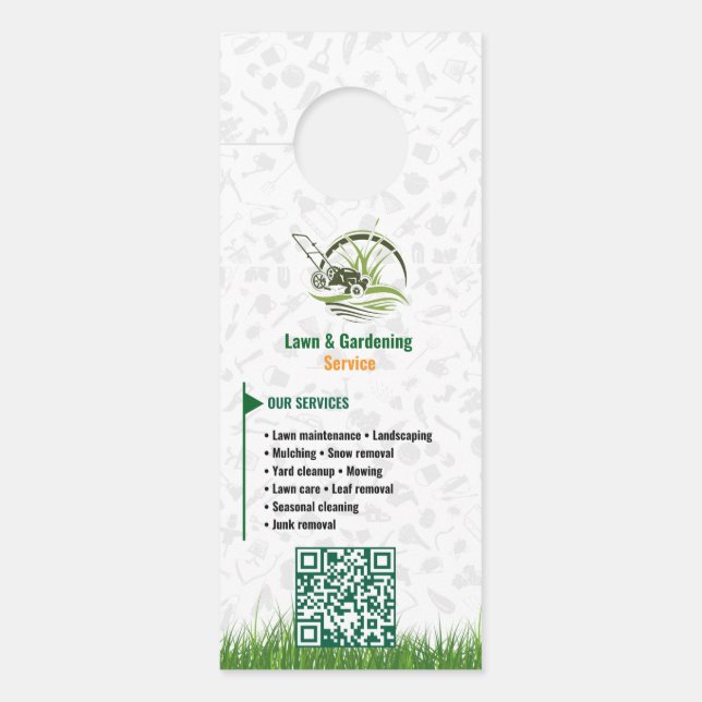 Professional White and Green Lawn Care Door Hanger (Front)