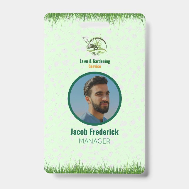 Professional White and Green Lawn Care ID Badge (Front)